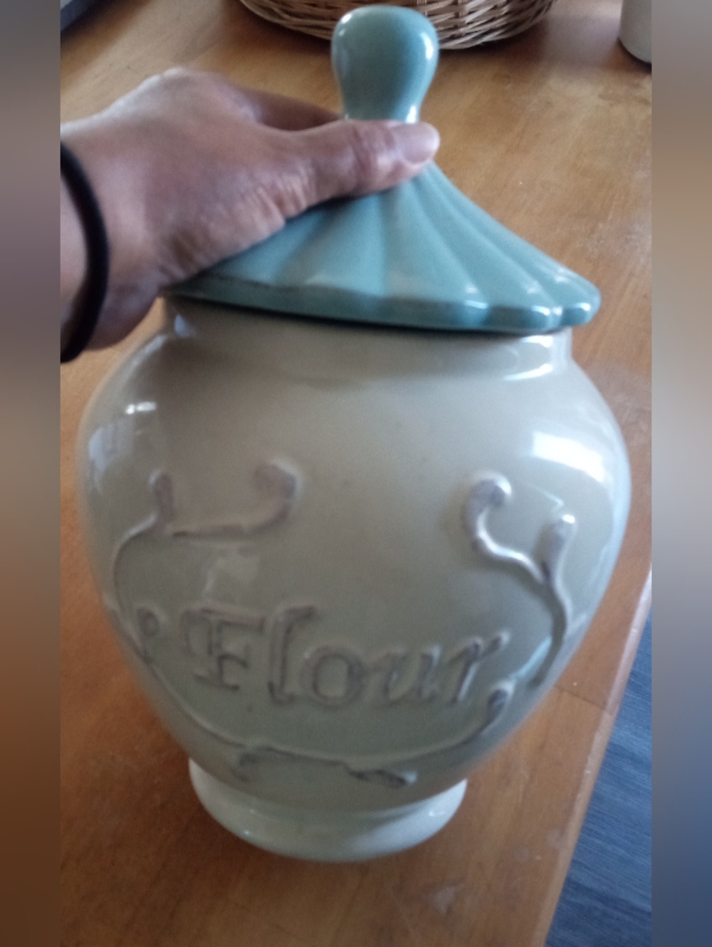 Cream Ceramic Flour Canister with Seafoam Green Lid - Decorative Kitchen Storage